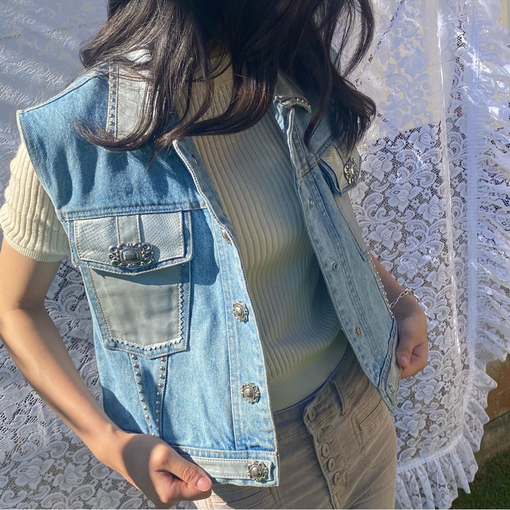 Vintage Biker Rockabilly Denim Pleather Vest.